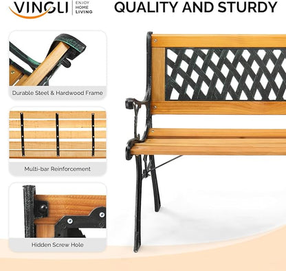 VINGLI Outdoor Bench Metal Garden Bench, Wood Patio Benches w/PVC Backrest Cast Iron Love Seat Park Benches for Porch Yard (Diamond)