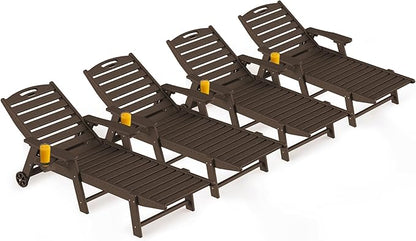 Ciokea Outdoor Lounge Chair Set of 4, All Weather Patio Chaise Lounge Chair for Outside, HDPE Chair with Rolling Wheels & Cup Holder, 5 Position, Deck, Pool, Dark Brown