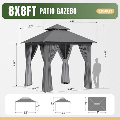 Aoxun Outdoor Gazebo for Patio 8x8, Metal Frame Canopy with Double Roofs, Heavy Duty Party Tent and Shelter with Mosquito Netting and Privacy Screen for Backyard, Lawn, Garden, Deck (Grey)