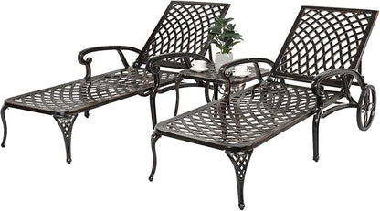 VINGLI Cast Aluminum Outdoor Chaise Lounge Chair with Wheels, Patio Chaise Lounge with 3-Position Adjustable Backrest, Tanning Chair Reclining Chair for Poolside (Bronze, Without Cushion)