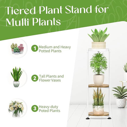 iDavosic.ly 3 Tier Corner Plant Stand Indoor, 34 Inch Tall Vertical Metal Flower Heavy Duty Pot Holder Shelf Outdoor for Patio Porch Living Room, White & Rustic Brown - Round