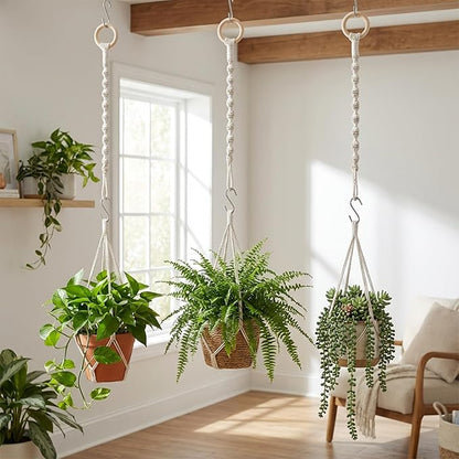 3 Pcs Adjustable Macrame Plant Hanger Extenders with Wooden Ring Handmade Woven Hanging Basket Extension Connectable Rope Hanging Plant Extender for Outdoor Indoor Plants Pot Holder Home Decor