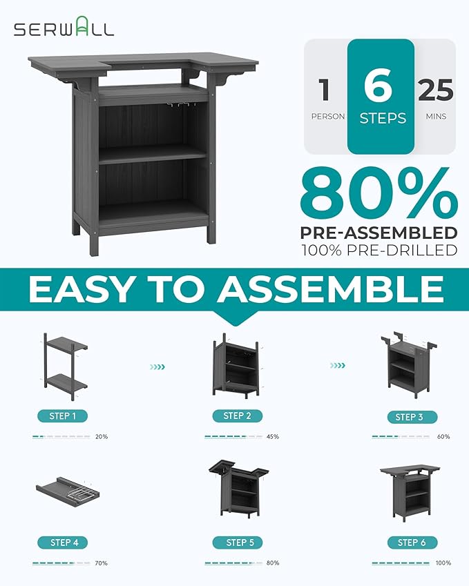 SERWALL Outdoor Bar Table Set (1 Table with 2 Chairs) – HDPE Grey Patio Bar Cabinet with 4-Tier Storage & Spacious Tabletop, Perfect for Outdoor, Poolside, Backyard