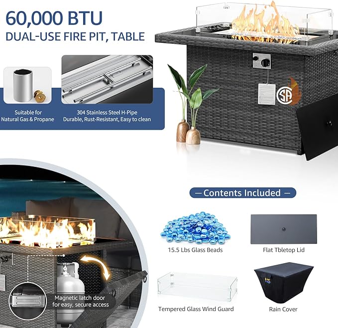 NICESOUL 29.3'' High-Back Outdoor Patio Conversation Set with Fire Pit Table Gas Propane Dual-Fuel, 7 Pcs Oversized Deep & Wide Seated Wicker Sectional Sofa Furniture Set with Firepit, Navy Blue