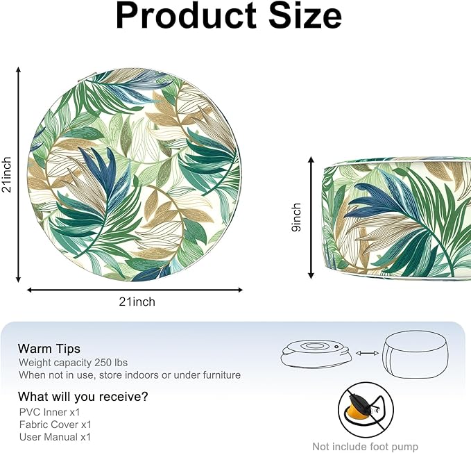 Inflatable Ottoman Stool D21 xH9 for Outdoor/Indoor Use, Water Repellent Patio Foot Rest Stool with Portable Handle,Round Pouf Ottoman Suitable for Garden,Deck and Camping - Lush Leaf Green