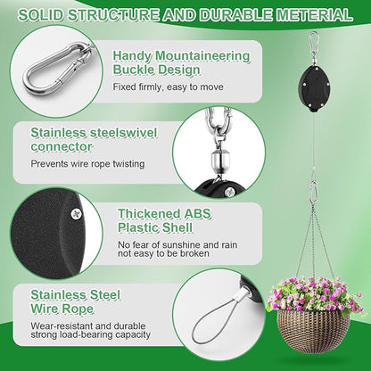 3 Pack Heavy Duty Retractable Plant Hangers Adjustable Pulleys with 63" Pull-Down Design Stainless Steel Rope Double-Headed Hooks for Hanging Baskets Bird Feeders Planters and Pots Supports up to 45lb