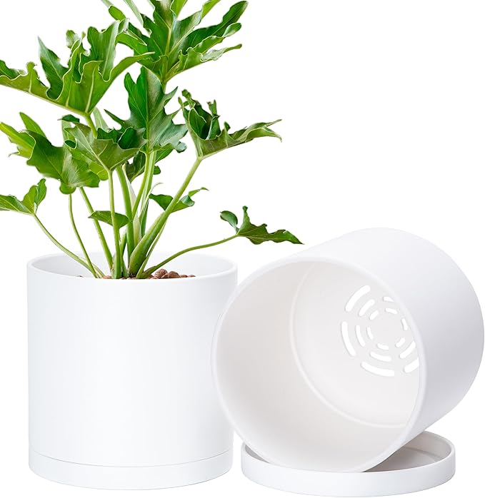 Planter Pots, Set of 2 Matte White Plastic with 6-Inch Modern Design
