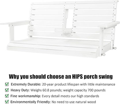 Poly Lumber 2-Seat Porch Swing, HIPS 4.5-Feet Bench Swing with Foldable Cup Holders,18/8 Stainless Steel Hardware, High Backrest and Deep Contoured Seat (Snow White, 4.5-feet)