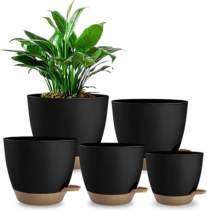 Plant Pots 8/7.5/7/6.5/6 Inch Self Watering Pots,5 Pack Planters with Drainage Holes and Saucers,Plastic Flower Pots,Nursery Planters for Indoor Outdoor Plants (Black)