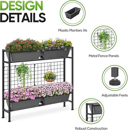 CADUKE Raised Planter Box, Plastic Raised Garden Bed with Legs, Standing Planter Box with Drainage Holes & Trellis, 32" Elevated Flower Beds Outdoor & Indoor for Vegetables, Balcony, Patio, Grey
