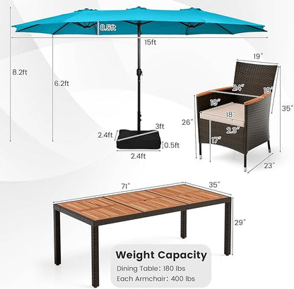 Tangkula 11 Pieces Rattan Outdoor Dining Set with 15Ft Solar Patio Umbrella for 8, Outdoor Wicker Table Set with 8 Cushioned Chairs, Acacia Wood Top, Outdoor Umbrella with Base Included