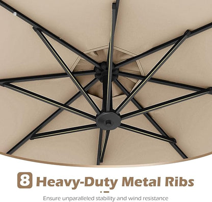 Tangkula 10ft Solar LED Patio Umbrella with Base, Offset Cantilever Outdoor Umbrella with 32 LED Lights, Infinite Tilt, 360 Degree Rotation, Crank Handle for Pool Deck Garden Backyard (Beige)