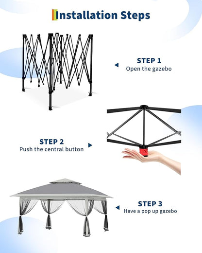 Canopy Tent 12x12 ft, Pop Up Gazebo One-Push Setup with 4 SandBags for Backyard Parties and BBQs, Mosquito Netting & Height Adjustable - Grey