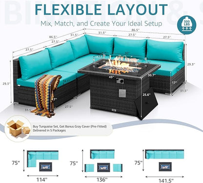 NICESOUL 6 Piece L Shaped Patio Furniture Set with Fire Pit Natural Gas/Propane, 29.3'' High Back Comfy Outdoor Conversations for Outside, Big Size Deep Wide Couches, 2 Color Cushion Turquoise & Grey