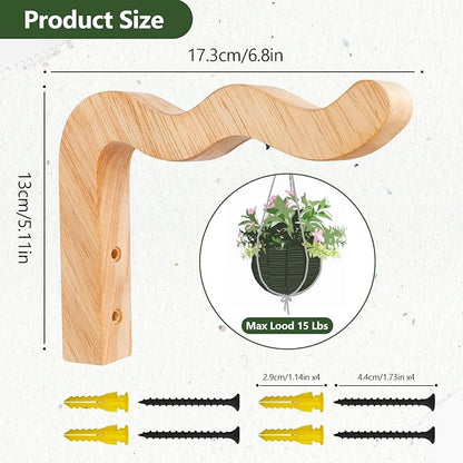 FGSAEOR Plant Hangers Outdoor, Hanging Plant Hooks for Indoors, Wave-Shaped Wooden Hanging Baskets for Wall Plant Hooks Heavy Duty for Flower Pots Wind Chimes and Bird Feeders (2-Pack, 6.8-Inch)