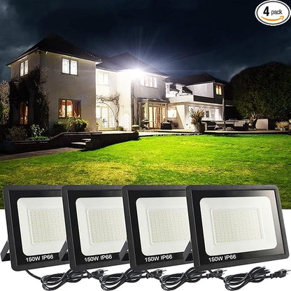 4Pack LED Flood Light Outdoor,150W LED Work Light 15000lmwith 6FT US Plug,IP66 Waterproof Exterior Security Lights,6000K Daylight White Outside Floodlights Slim Design for Playground Yard
