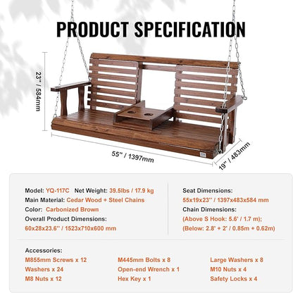 VEVOR Wooden Porch Swing 5 ft, Patio Bench Swing for Courtyard & Garden, Upgraded 880 lbs Strong Load Capacity, Heavy Duty Swing Chair Bench with Hanging Chains for Outdoors, Brown