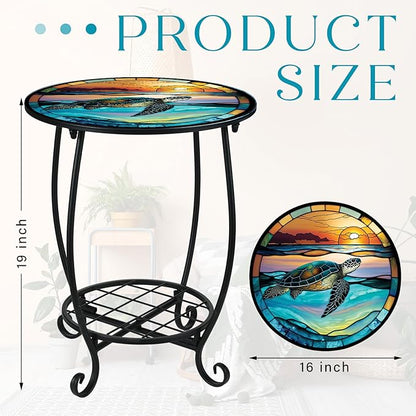 Outdoor Side Table Round Small Mosaic Patio Accent Indoor End Plant Coffee Tea Table for Yard Patio Porch Garden Living Room, Bedroom(Turtle Style,16 Inch)