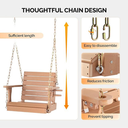 VINGLI Heavy Duty 880 LBS HDPE Porch Swing Outdoor with Rotatable Cup Holder, with Adjustable Chains, 1 Person Hanging Porch Swing Chair for Porch, Yard, Tree, Garden - Teak