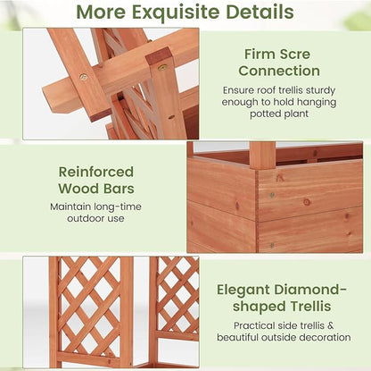 Giantex Set of 2 Raised Garden Bed with 2-Sided Trellis & Hanging Roof, Fir Wood Planter Box w/Drainage Holes, Freestanding Garden Planter for Flowers Herbs Climbing Vines (43"x15"x45")