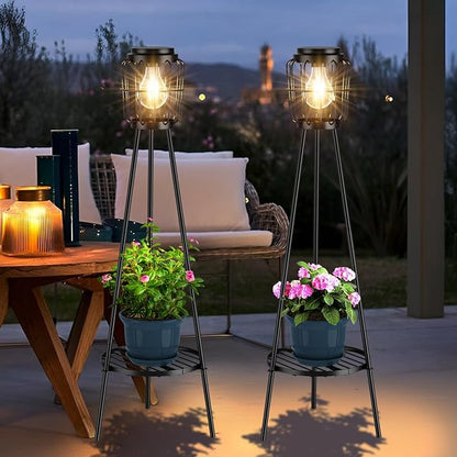 Solar Lights with Plant Stand, Outdoor Floor Lamp, Waterproof Solar LED Edison Bulb Light Flower Shelf for Patio Porch Deck Yard Garden Decor-1 Pack