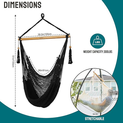 JoyView Hammock Chair with Spreader Bar Caribbean Hammock Swing Chair 300 LBS Weight Capacity XL Rope Hanging Chair for Outdoor Indoor Garden Yard - Black