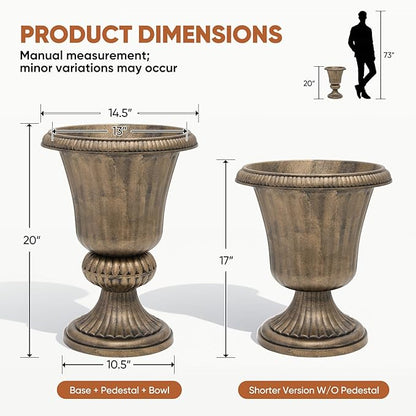 Athena Collection 20''H Bronze Garden Plastic Urn - Vintage Tall Large Planter for Indoor Outdoor Patio Porch, 2 Pieces Flower Pot, Bronze