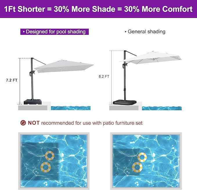 PURPLE LEAF 8' X 8' Patio Umbrella for Pool 7' High Offset Outdoor Cantilever Umbrella Swimming Pool Umbrella with 360°Rotation for Poolside Grey