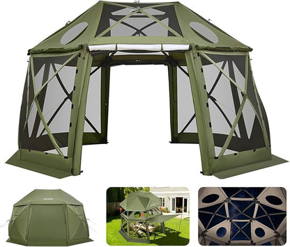 VEVOR Pop up Gazebo Screen Tent, 13 x 13 ft, 13-Sided Spherical Camping Canopy Tent with Removable Top & Carry Bag, Quick-Set & Bite-Proof, Screen House Sun Shelter for 10-12 Persons, Green