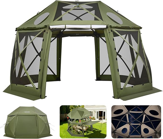VEVOR Pop up Gazebo Screen Tent, 13 x 13 ft, 13-Sided Spherical Camping Canopy Tent with Removable Top & Carry Bag, Quick-Set & Bite-Proof, Screen House Sun Shelter for 10-12 Persons, Green