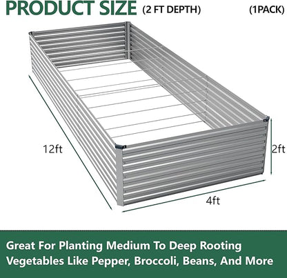 Vengarus 12x4x2FT Galvanized Raised Garden Bed Kit, Large Rectangle Elevated Planter for Vegetables, Flowers, Herbs and Succulents -718 Gallon Capacity, Silver