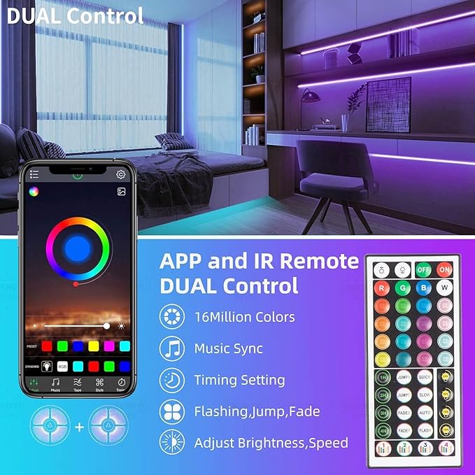 KSIPZE Led Lights for Bedroom 48ft Led Strip Lights with Remote RGB Color Changing Music Sync Bluetooth Smart App Control for Room Bedroom Lighting Flexible Home Décor
