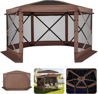 VEVOR Pop up Gazebo Screen Tent, 12 x 12 ft Large 6-Sided Camping Canopy Tent with Removable Top & Carry Bag, Quick-Set & Bite-Proof, Screen House Sun Shelter for 8-10 Persons Backyard Patio, Brown