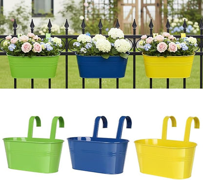 Metal Railing Planter for Outdoor Plants - 3 Pack Balcony Hanging Planter Box with Detachable Hooks and Drain Holes Oval Hanging Pots Fence Planters for Railing Garden Fence, Green Yellow Blue