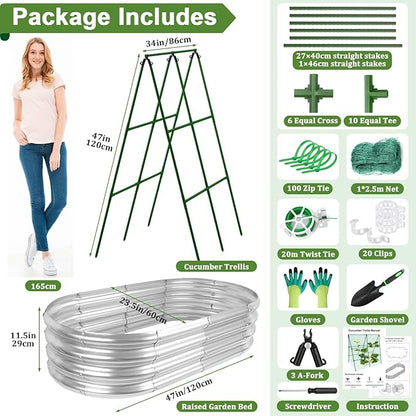 Galvanized Raised Bed with Cucumber Trellis, Garden Arch Trellis Outdoor Reusable A-Frame Metal Trellis with Trellis Net for Pea Vegetable Bean Grape Vines Flowers Climbing Plants Stand Support