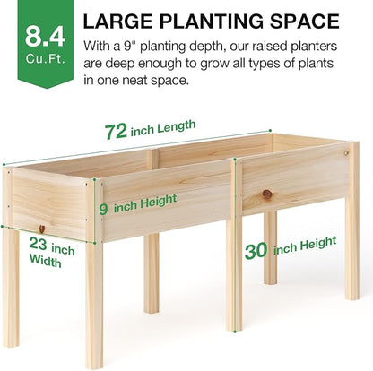 MIXC 72”L X 23”W Raised Garden Bed Outdoors with Legs, Elevated Reinforced Wooden Large Planter Box for Backyard, Patio, Balcony w/Divider Panel, 6 Legs, 300lb Capacity