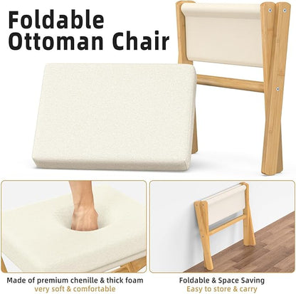 Foldable Foot Stool Ottoman, Modern Foot Rest with Bamboo X Legs & Thick Foam Cushion, Folding Foot Stools Small Padded for Bedroom Living Room, Footstool for Chair Couch (Natural - Beige)