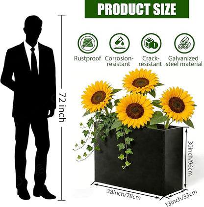 Metal Rectangular Planter, Metal Planter Box, 38" L x 13" W x 30" H Large Heavy Duty Tall Black Planter Box with Drainage Holes and Adjustable Balancing Feet Ideal for Porch, Garden, Patio, Yard