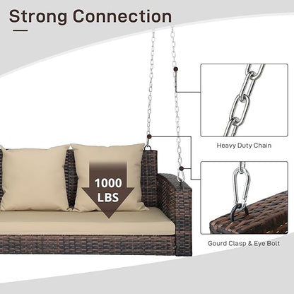 Outvita Porch Swing, 5FT Hanging Outdoor Porch Swings for Adults, Wicker 3 Person Patio Swing, with Cushion, Pillow and Chain for Garden, Backyard, Weight Capacity - 1000lbs