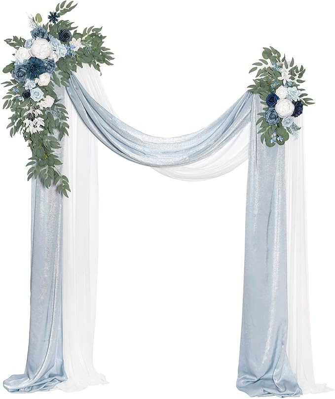 Artificial Flowers Set, Dusty Blue Sheer Drapes and Swag, 4 Pieces