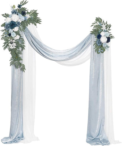 Artificial Flowers Set, Dusty Blue Sheer Drapes and Swag, 4 Pieces