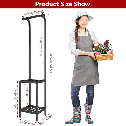 IBUYKE 67 Inch Tall Plant Stand Indoor Outdoor, 3 Tier Metal Hanging Plant Shelf for Multiple Plant, Heavy Duty Plant Holder Flower Stand for Living Room Patio Balcony Garden, Black TMJ076B