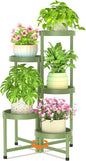 LASZOLA 5 Tiered Folding Plant Stand Indoor for Multiple Large Planter, Tall Heavy Duty Adjustable Rack with Rust Proof Plastic Shelving, Sturdy Vertical Tree Organizer for Narrow Inside Floor, Green