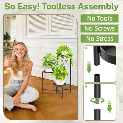 iDavosic.ly 3 Tier Large Plant Stand Indoor with 10 Inch Wide Tray, Tiered Corner Metal Outdoor Flower Display Holder Shelf, Folding Tall Rack for Patio Porch Living Room, Modern Black