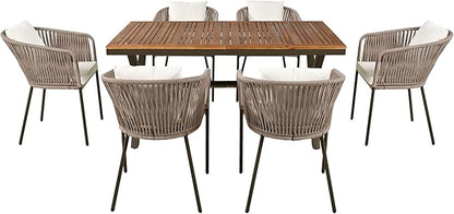 Merax 7 Pieces Patio Dining Table and Chairs, All-Weather Outdoor Furniture Set, Acacia Wood Tabletop, Metal Frame, for Garden, Backyard, Balcony, Beige