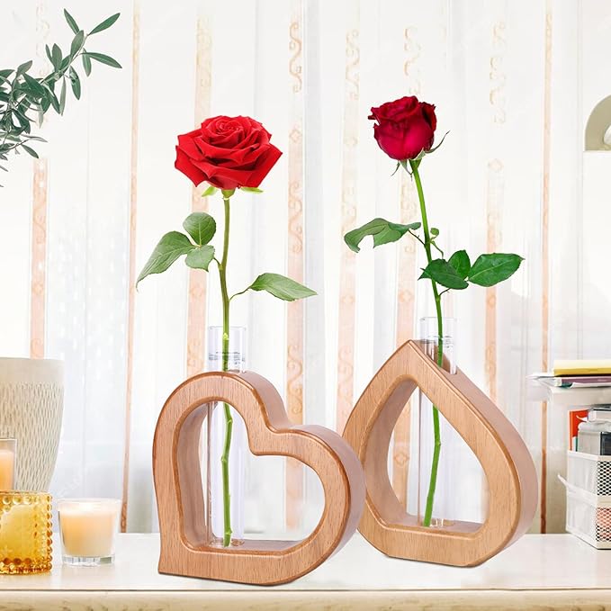 Terrarium Set of 2 with Heart-Shaped Wood Stand and Glass Tube