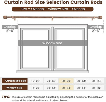 1” Diameter Curtain Rods Itself is 30 to 90 inch 1 Pack Fit 30-84 inch Window with Heavy Duty Adjustable Rod Matte Wood Grain Splicing Metal Extra Long Curtain Rod for Windows