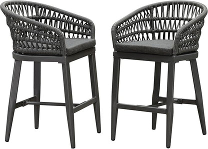 PURPLE LEAF Outdoor Rattan 24" Counter Height Bar Stools Chair Set of 2, Modern Upholstered Patio Bar Stool with Backrest for Indoor and Outdoor, Kitchen Island, Grey
