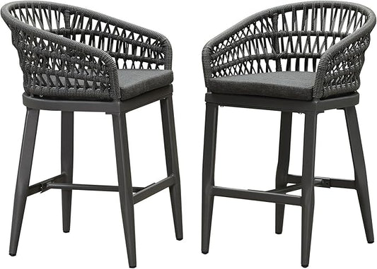 PURPLE LEAF Outdoor Rattan 24" Counter Height Bar Stools Chair Set of 2, Modern Upholstered Patio Bar Stool with Backrest for Indoor and Outdoor, Kitchen Island, Grey
