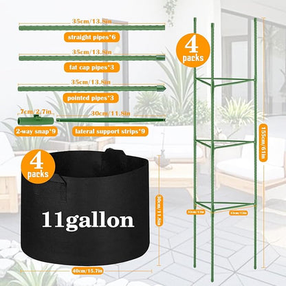 4 Pack Tomato Cages with 11 Gallon Grow Bags for Garden 55inch Tomato Planter with Trellis Heavy Duty Plant Stakes Support Frames for Climbing Vegetables Flowers Fruits Flowers